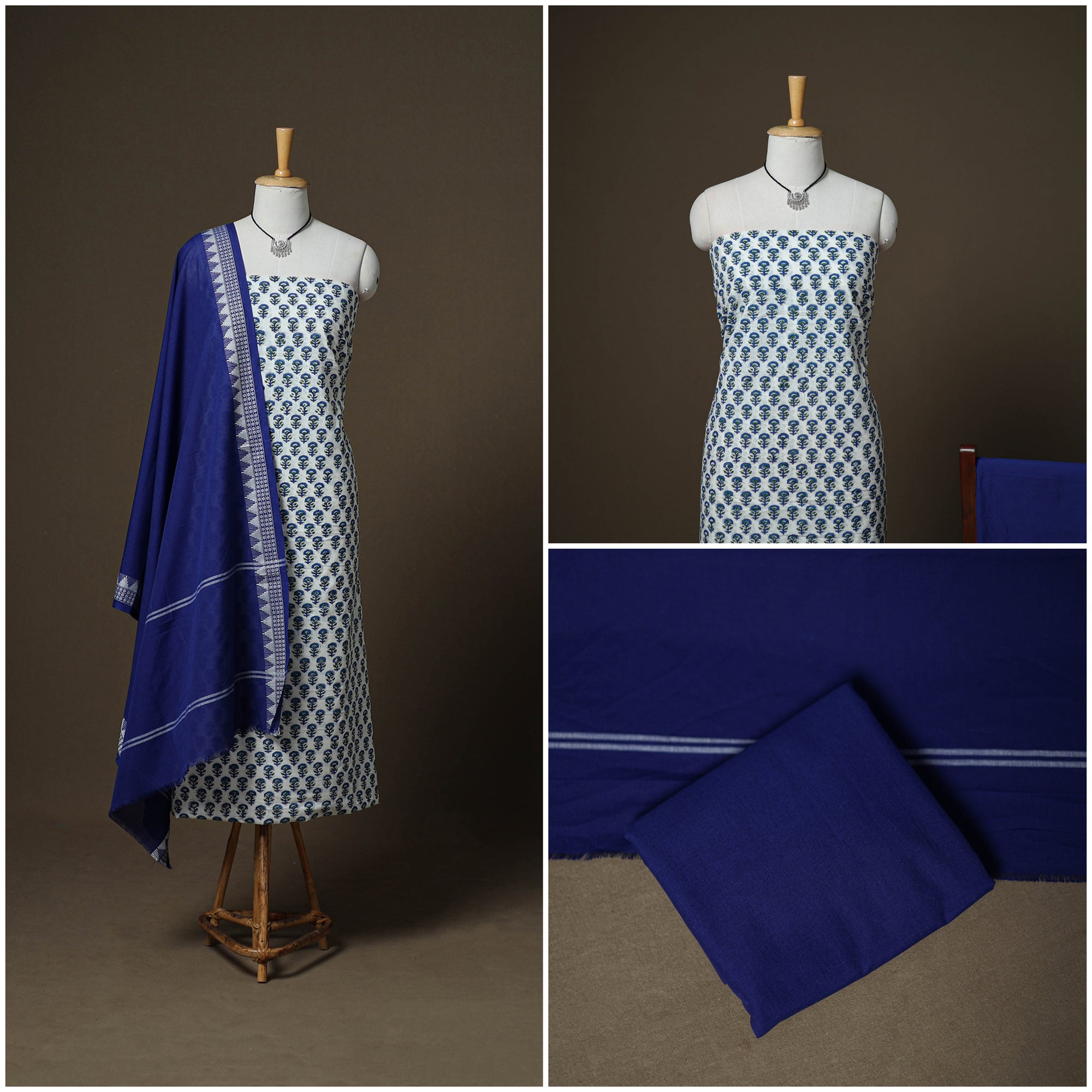 Sanganeri Block Print Cotton Unstitched Dress Material: Kurta, Bottom & Dupatta with Jewellery 32