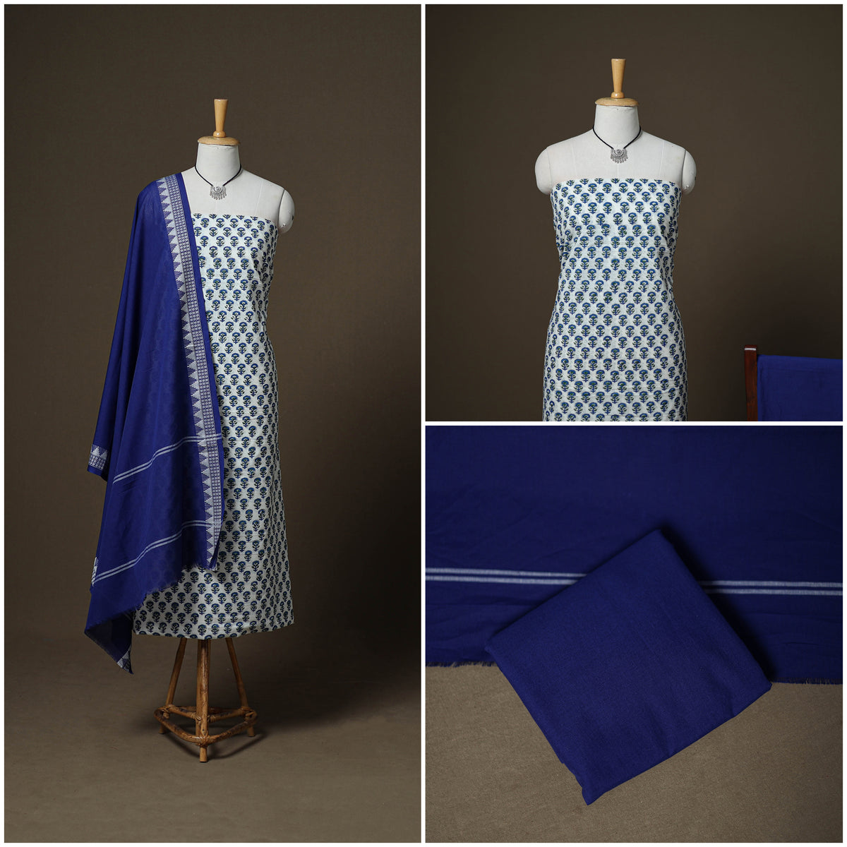 Sanganeri Block Print Cotton Unstitched Dress Material: Kurta, Bottom & Dupatta with Jewellery 32