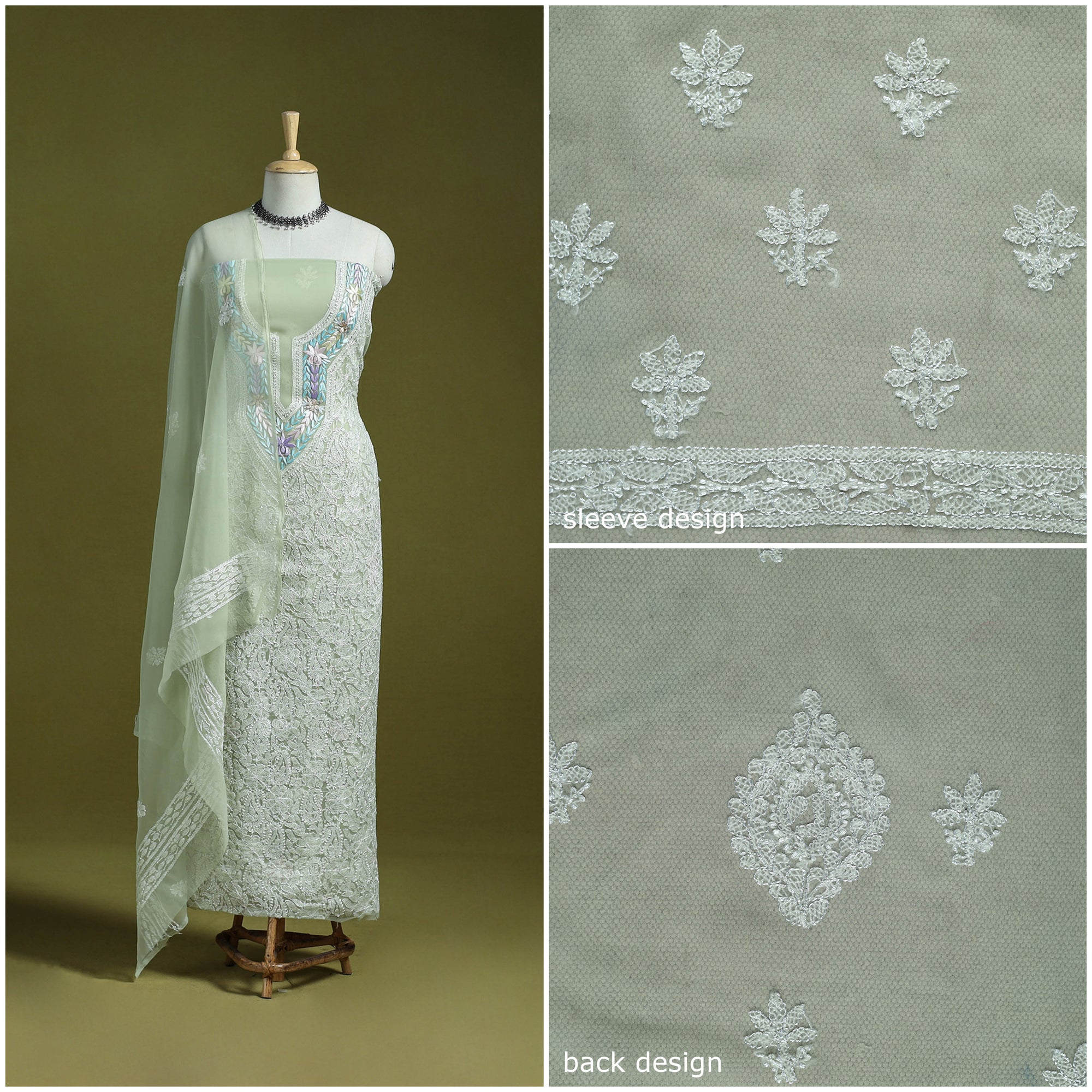 Lucknowi Hand Embroidered Chikankari Georgette 3pc Unstitched Dress Material 08