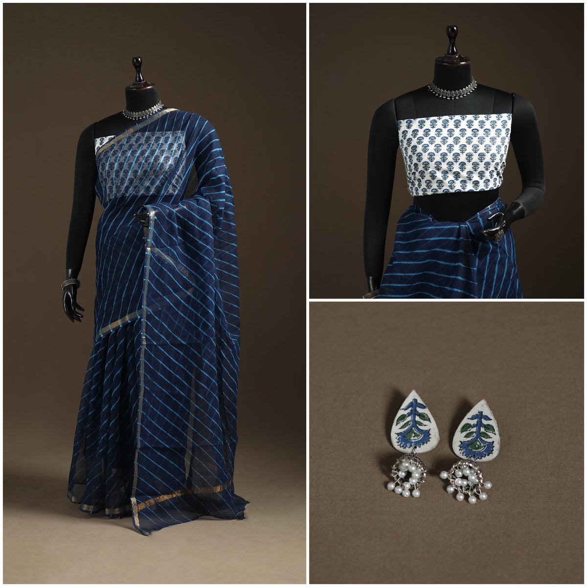 Blue - Nazaakat Kota Doria Cotton Plain Saree with Blouse Piece & Earrings 06