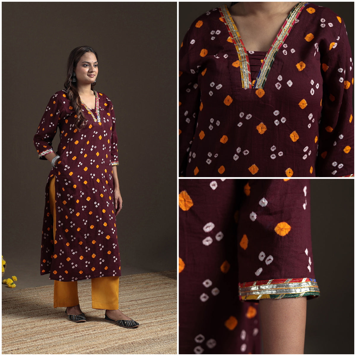 Gota Work Bandhani Tie-Dye Cotton Straight Long Kurta for Women 20