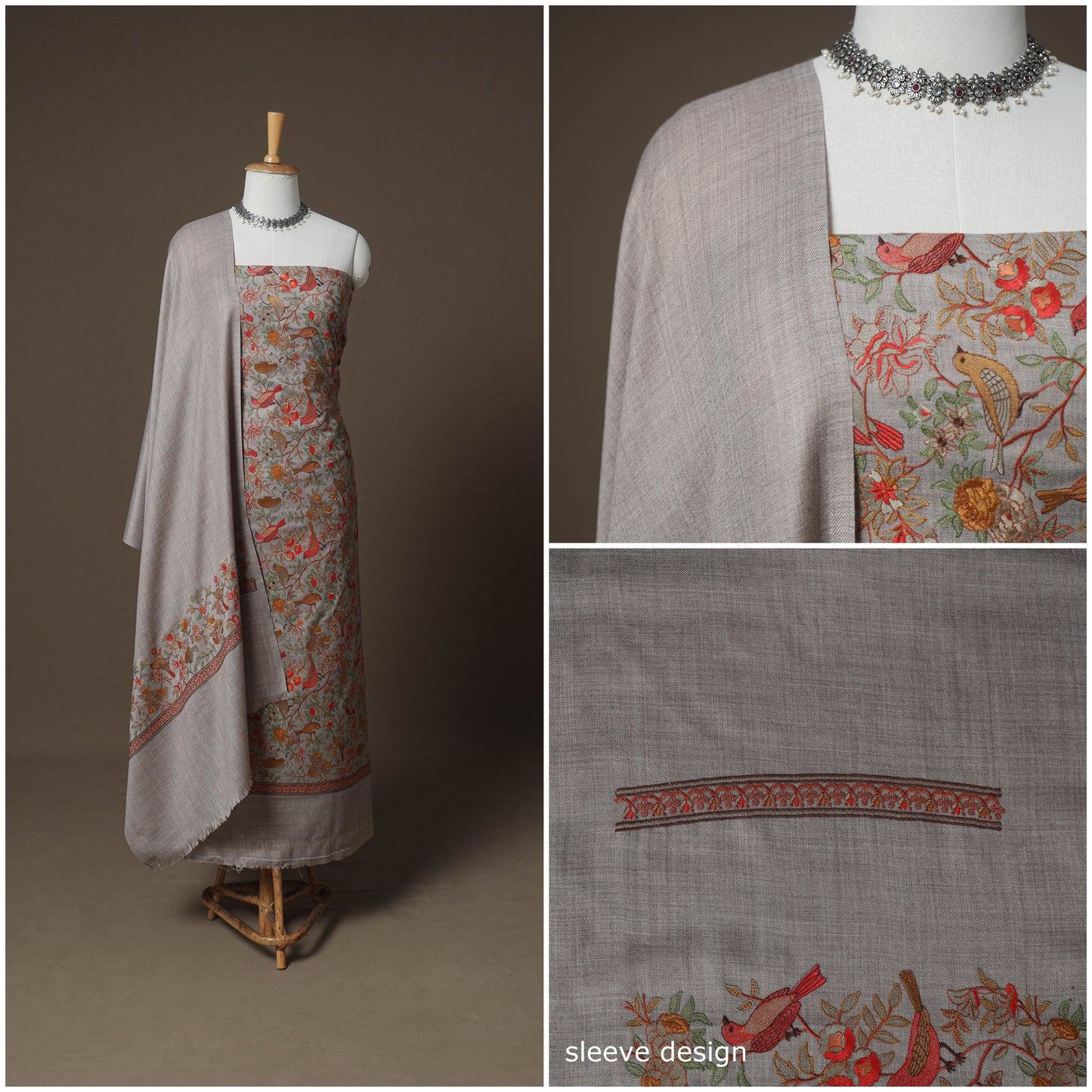 Woolen Heavy Embroidered Unstitched Dress Material: Kurta, Bottom & Dupatta 26