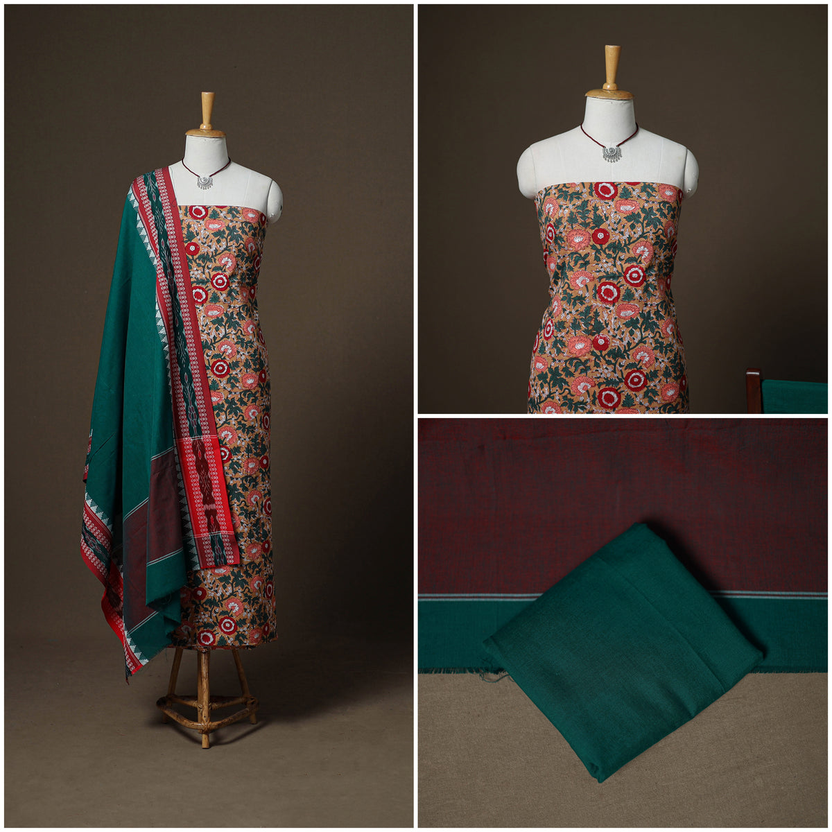 Sanganeri Block Print Cotton Unstitched Dress Material: Kurta, Bottom & Dupatta with Jewellery 34