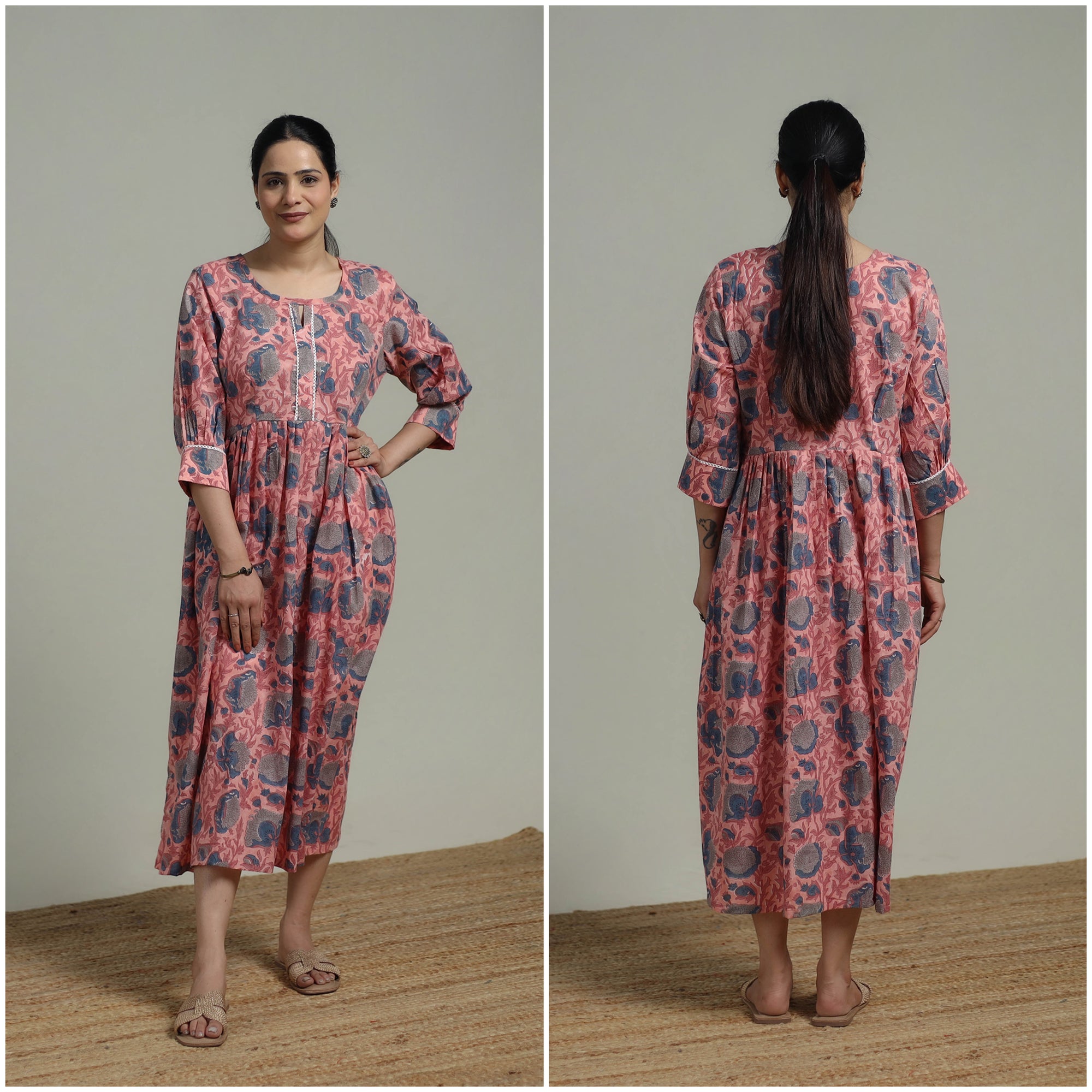 Pink - Sanganeri Hand Block Print Pure Cotton Flared Dress 08