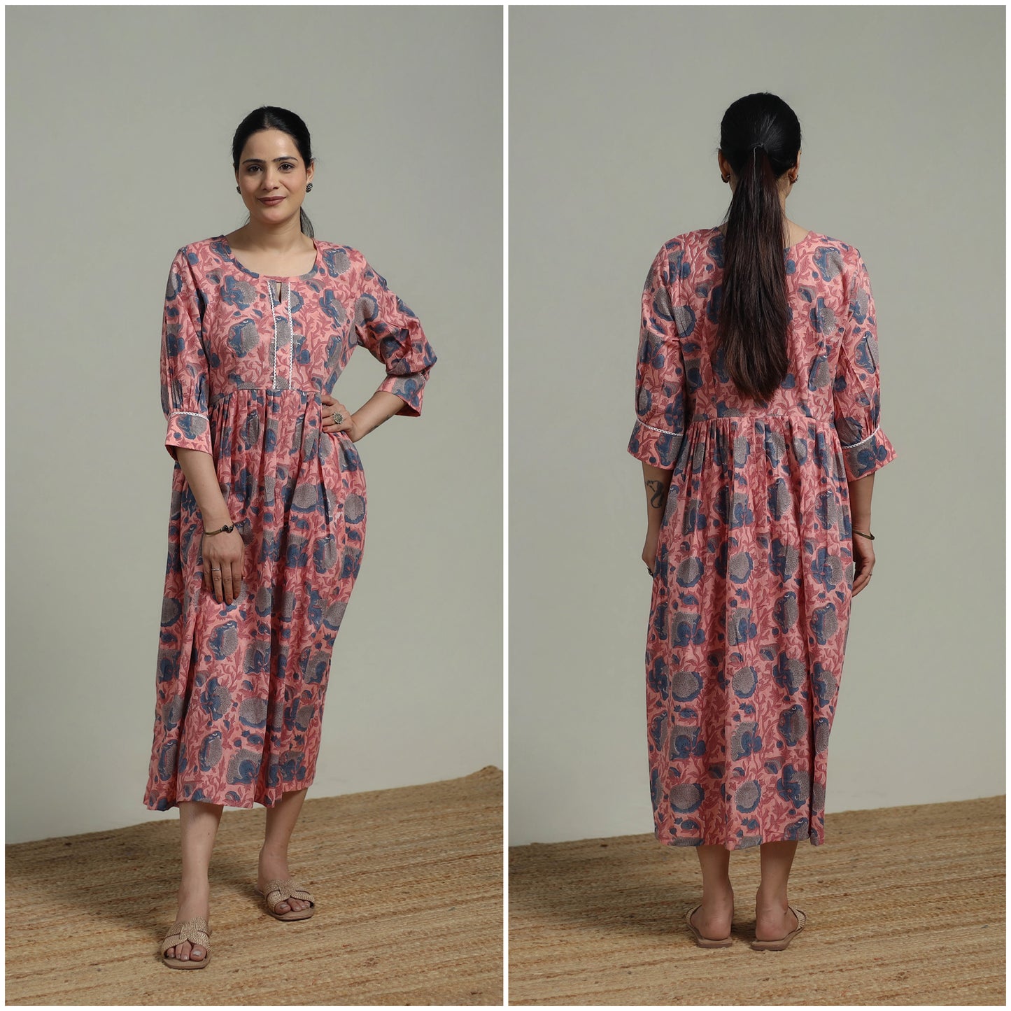Pink - Sanganeri Hand Block Print Pure Cotton Flared Dress 08