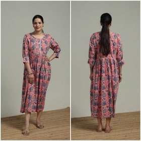 Pink - Sanganeri Hand Block Print Pure Cotton Flared Dress 08