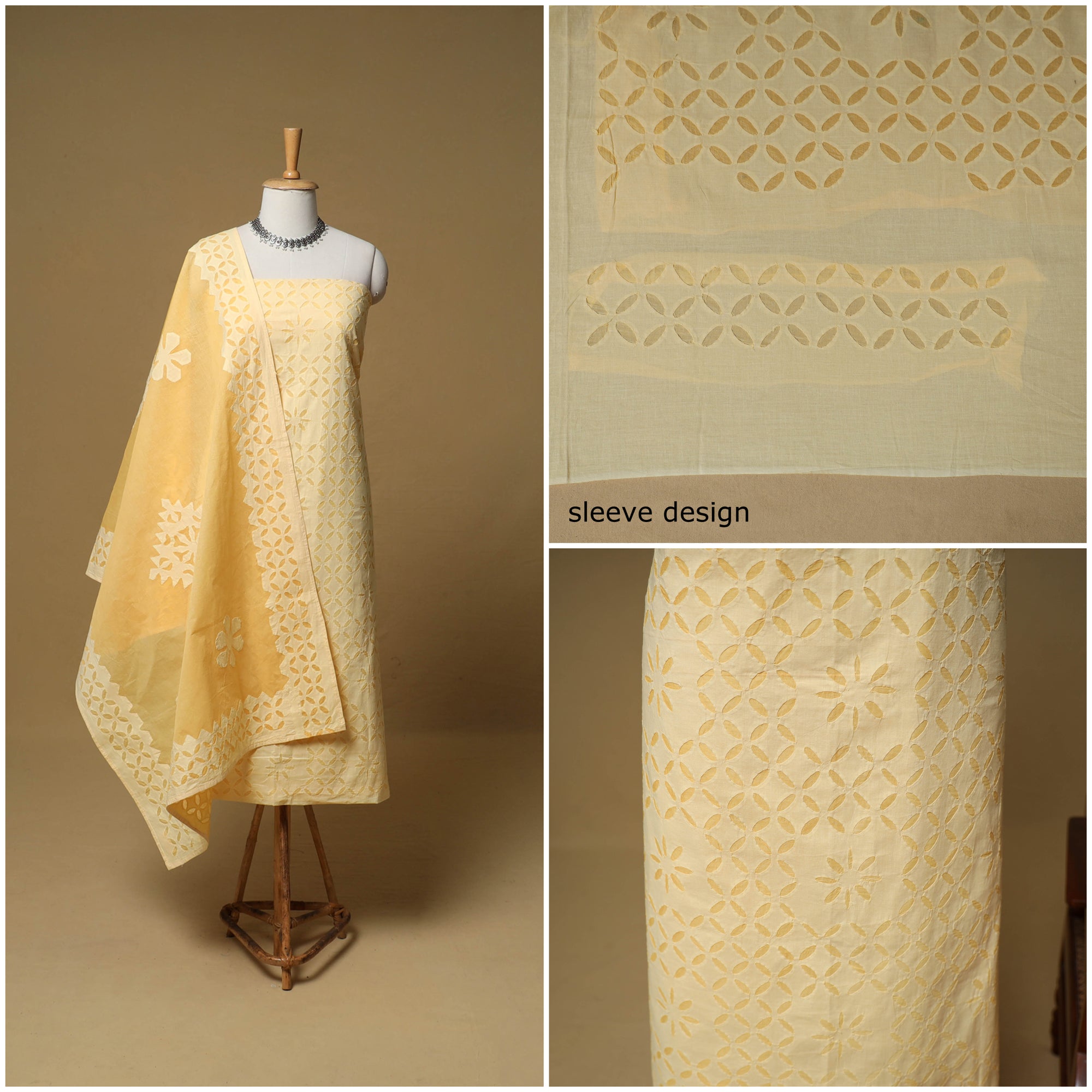 Barmer Applique Cutwork Cotton Unstitched Dress Material: Kurta, Bottom & Dupatta 05
