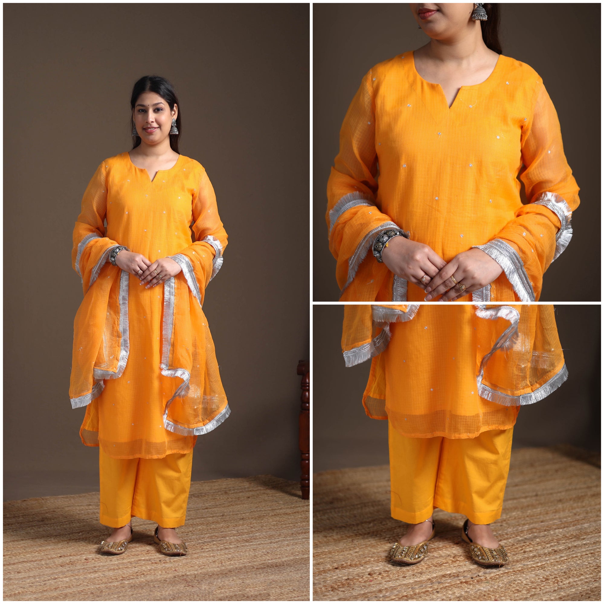 Sequin Work Plain Kota Doria Cotton Suit Set with Lace Work Dupatta for Women 15