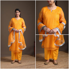 Sequin Work Plain Kota Doria Cotton Suit Set with Lace Work Dupatta for Women 15