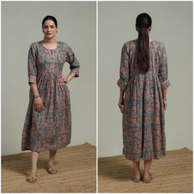 Green - Sanganeri Hand Block Print Pure Cotton Flared Dress 10