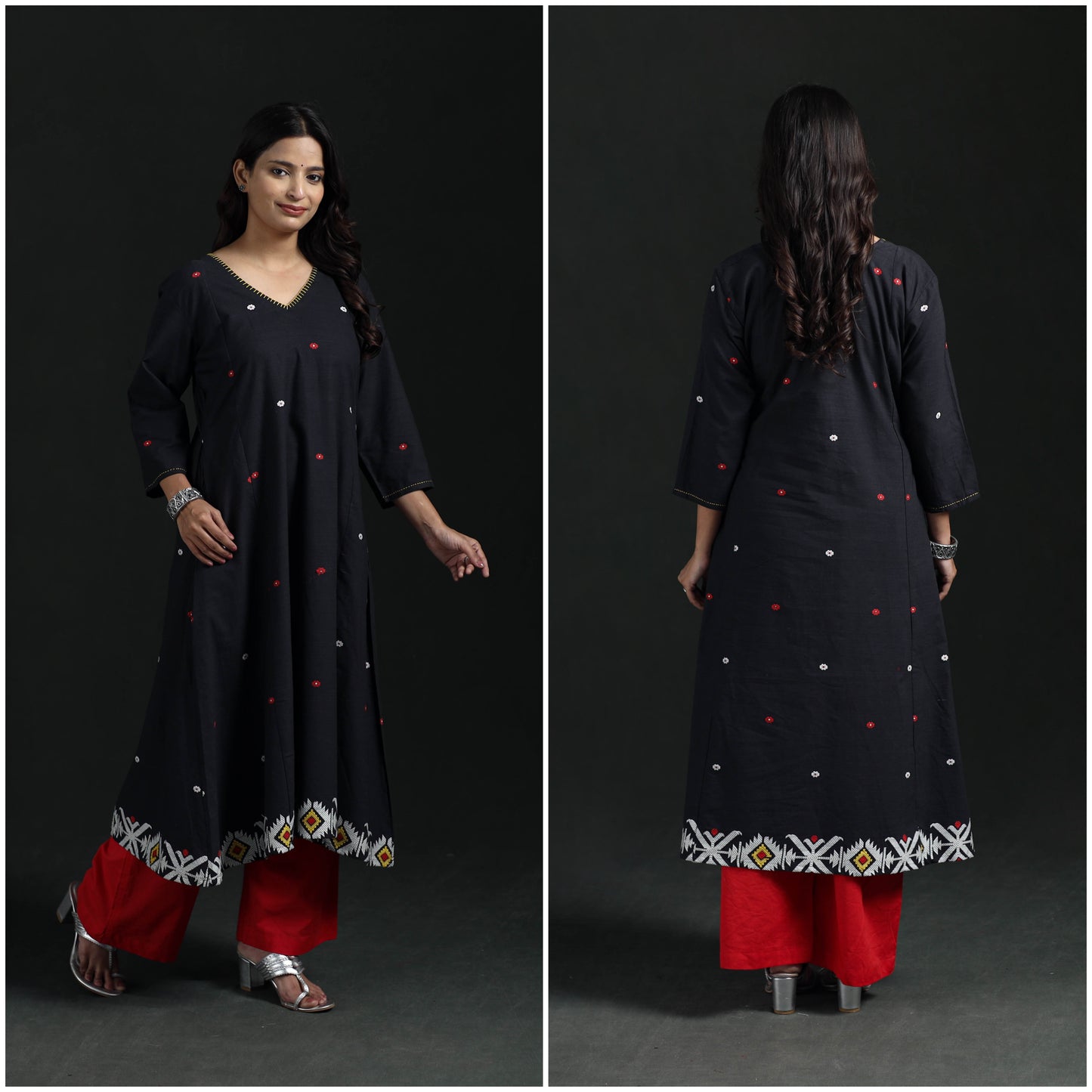 Hand Embroidered Jacquard Cotton A-Line Long Kurta for Women 03