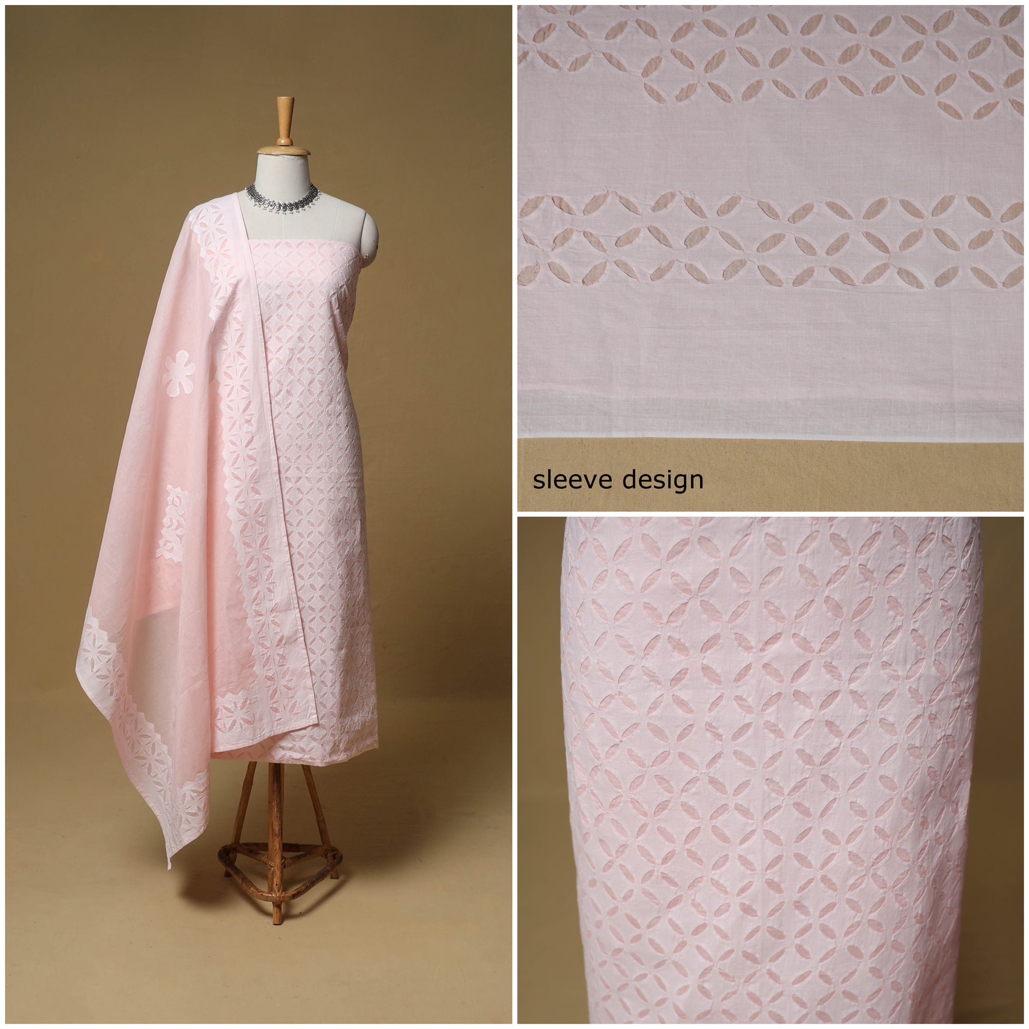 Barmer Applique Cutwork Cotton Unstitched Dress Material: Kurta, Bottom & Dupatta 11