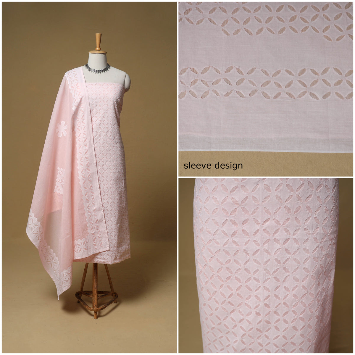Barmer Applique Cutwork Cotton Unstitched Dress Material: Kurta, Bottom & Dupatta 11