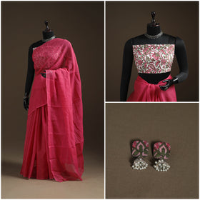 Pink - Nazaakat Kota Doria Cotton Plain Saree with Blouse Piece & Earrings 04