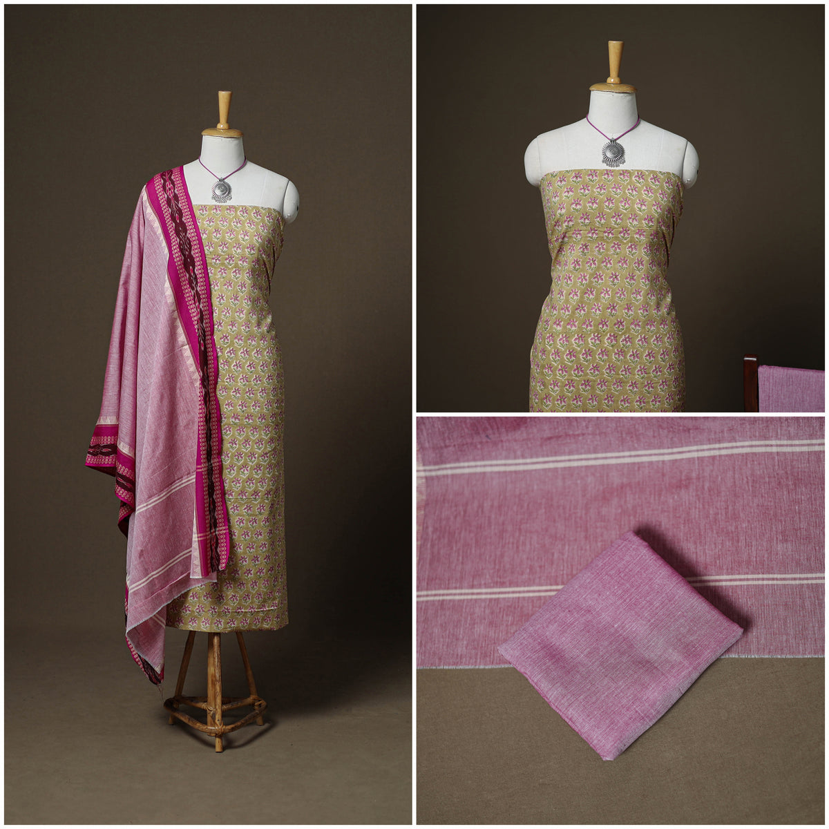 Sanganeri Block Print Cotton Unstitched Dress Material: Kurta, Bottom & Dupatta with Jewellery 06