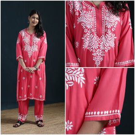 Pink - Hand Embroidered Rayon Chikankari Kurta with Pant Set for Women 07