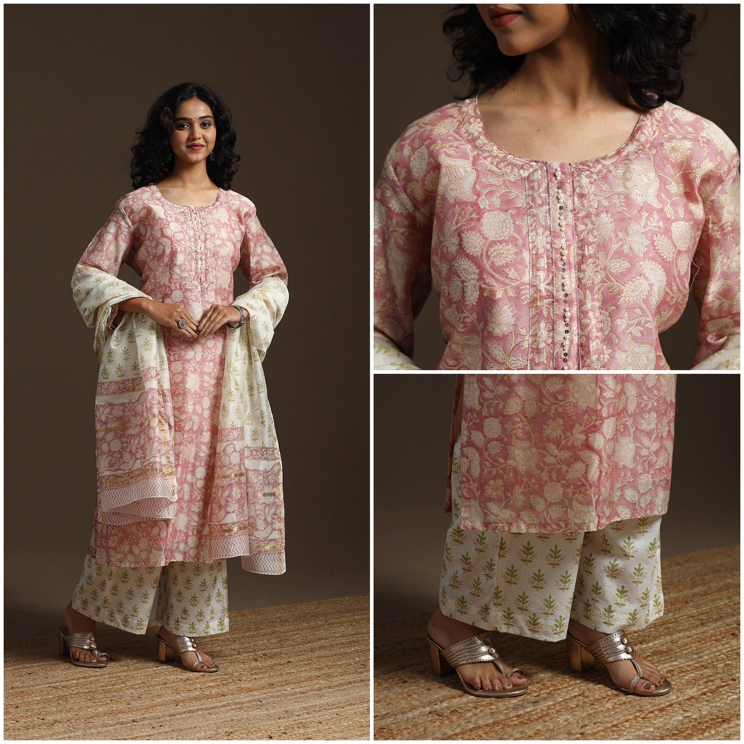 Pink - Chanderi Silk Hand Embroidery Block Print Sanganeri Suit Set with Dupatta for women 02