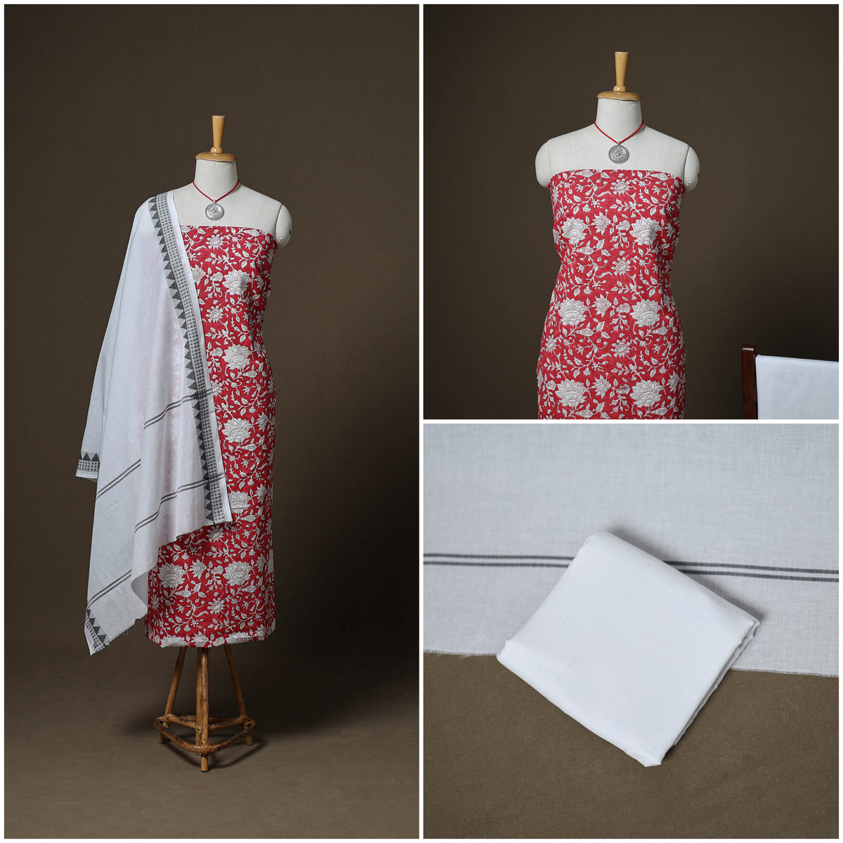Sanganeri Block Print Cotton Unstitched Dress Material: Kurta, Bottom & Dupatta with Jewellery 08