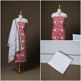 Sanganeri Block Print Cotton Unstitched Dress Material: Kurta, Bottom & Dupatta with Jewellery 08