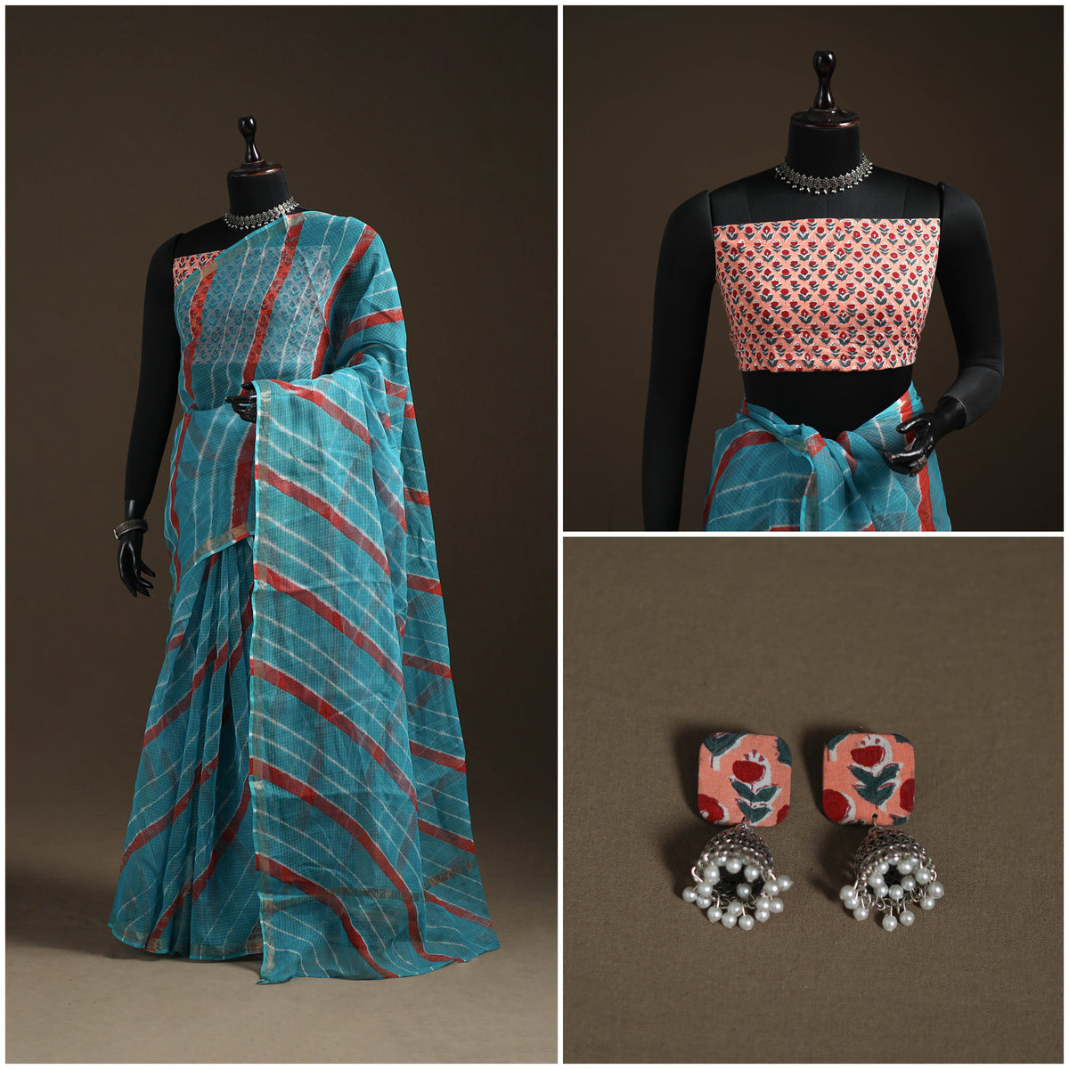Blue - Kota Doria Cotton Leheriya Tie-Dye Saree with Blouse Piece & Earrings 02