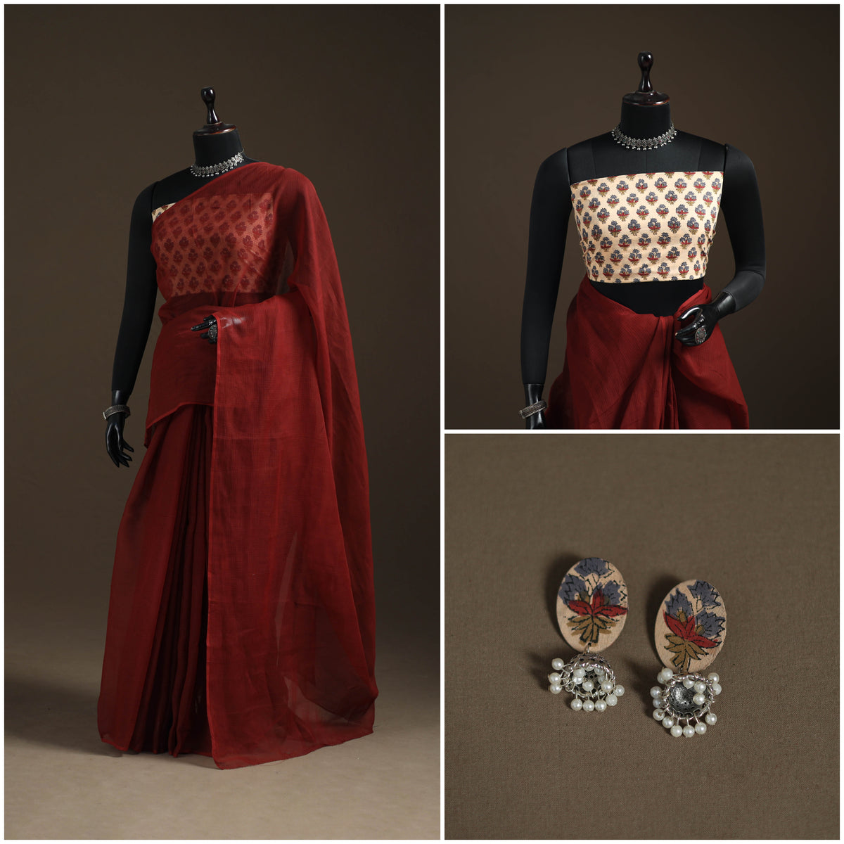 Maroon - Nazaakat Kota Doria Cotton Plain Saree with Blouse Piece & Earrings 18