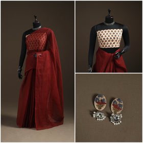 Maroon - Nazaakat Kota Doria Cotton Plain Saree with Blouse Piece & Earrings 18