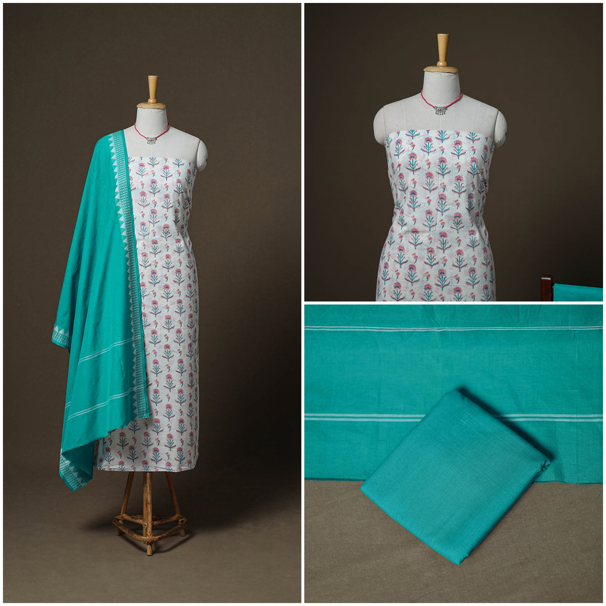 Sanganeri Block Print Cotton Unstitched Dress Material: Kurta, Bottom & Dupatta with Jewellery 30
