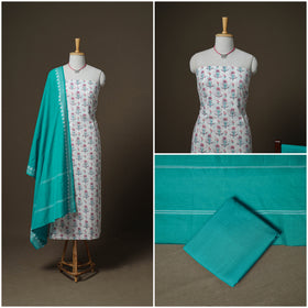 Sanganeri Block Print Cotton Unstitched Dress Material: Kurta, Bottom & Dupatta with Jewellery 30