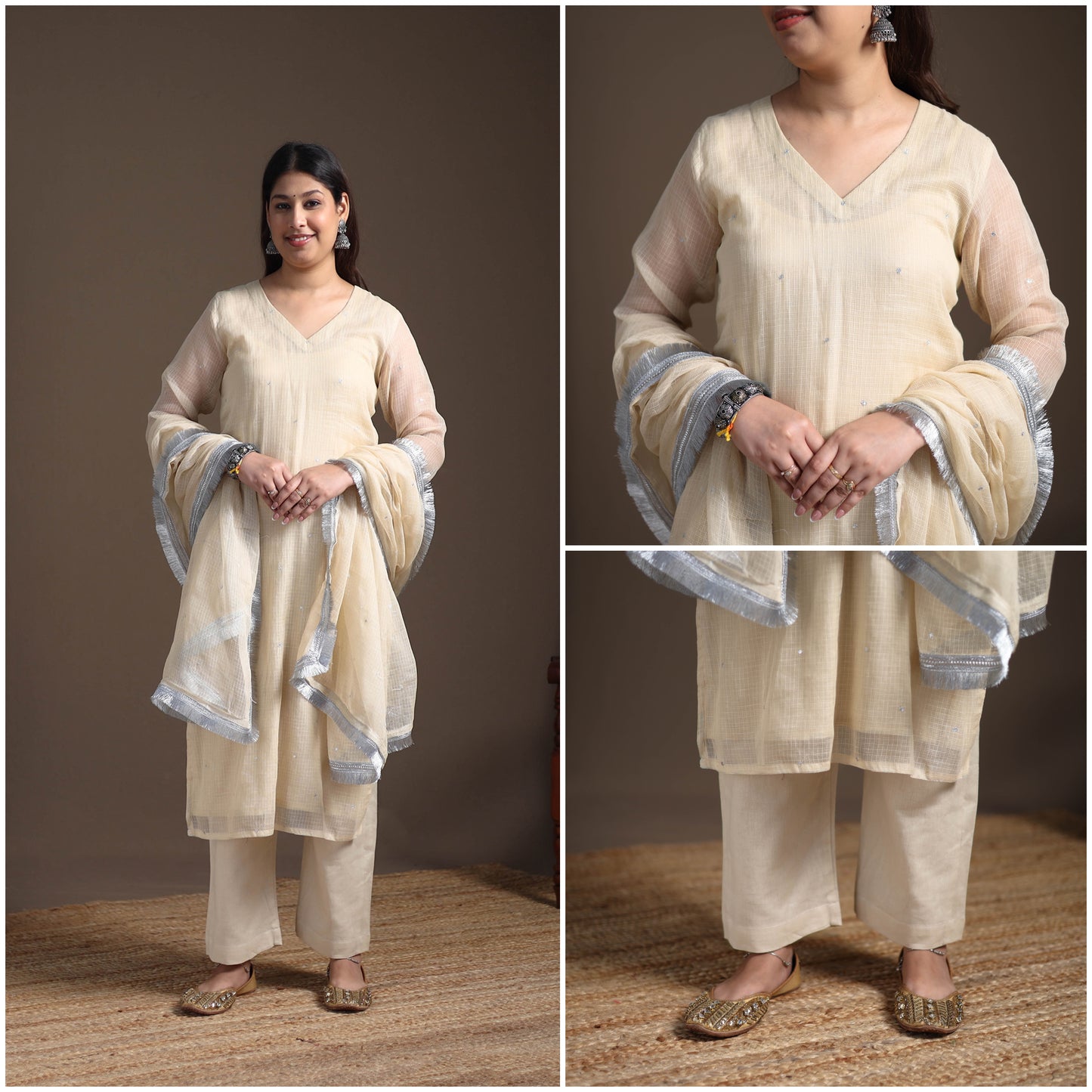 Sequin Work Plain Kota Doria Cotton Suit Set with Lace Work Dupatta for Women 09