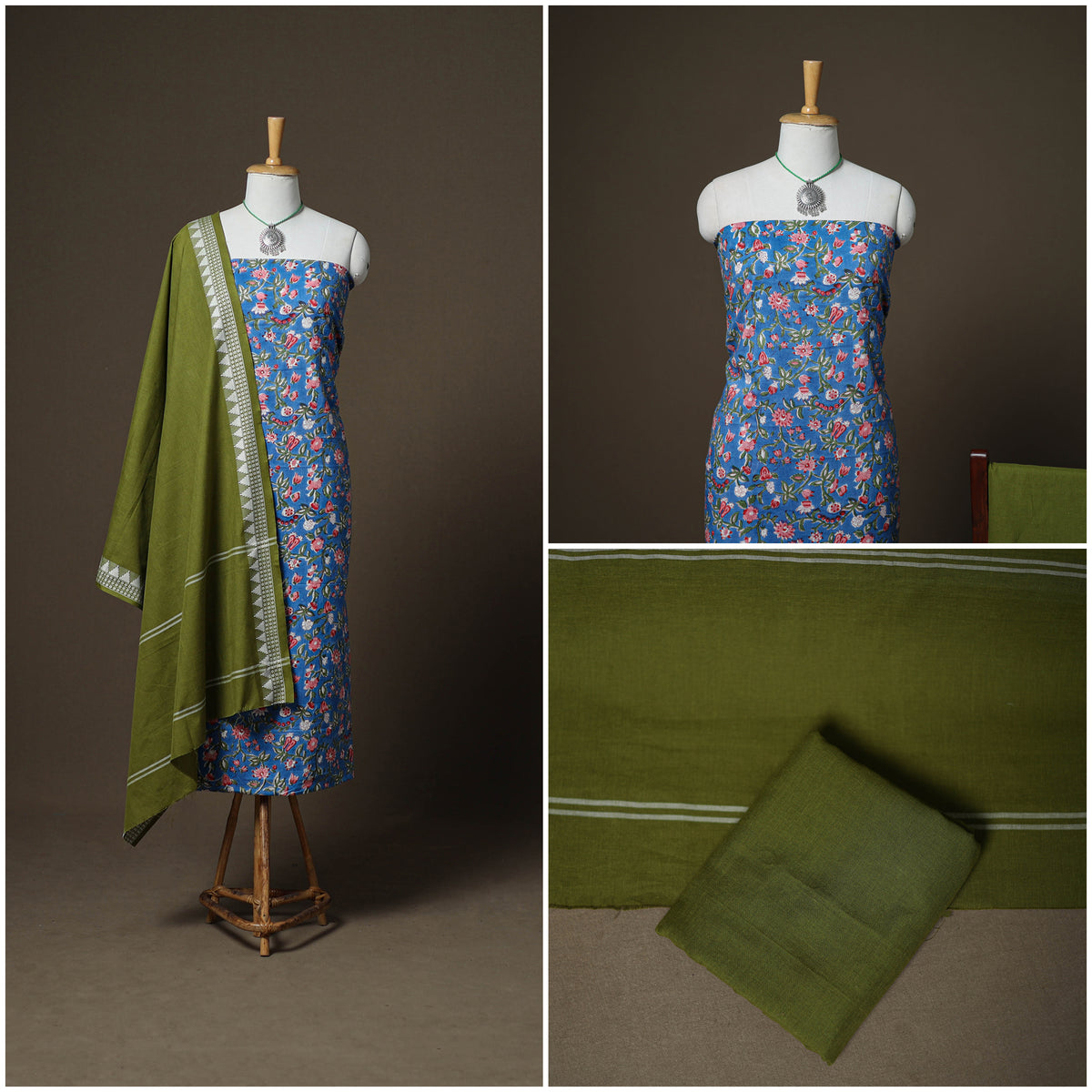 Sanganeri Block Print Cotton Unstitched Dress Material: Kurta, Bottom & Dupatta with Jewellery 14