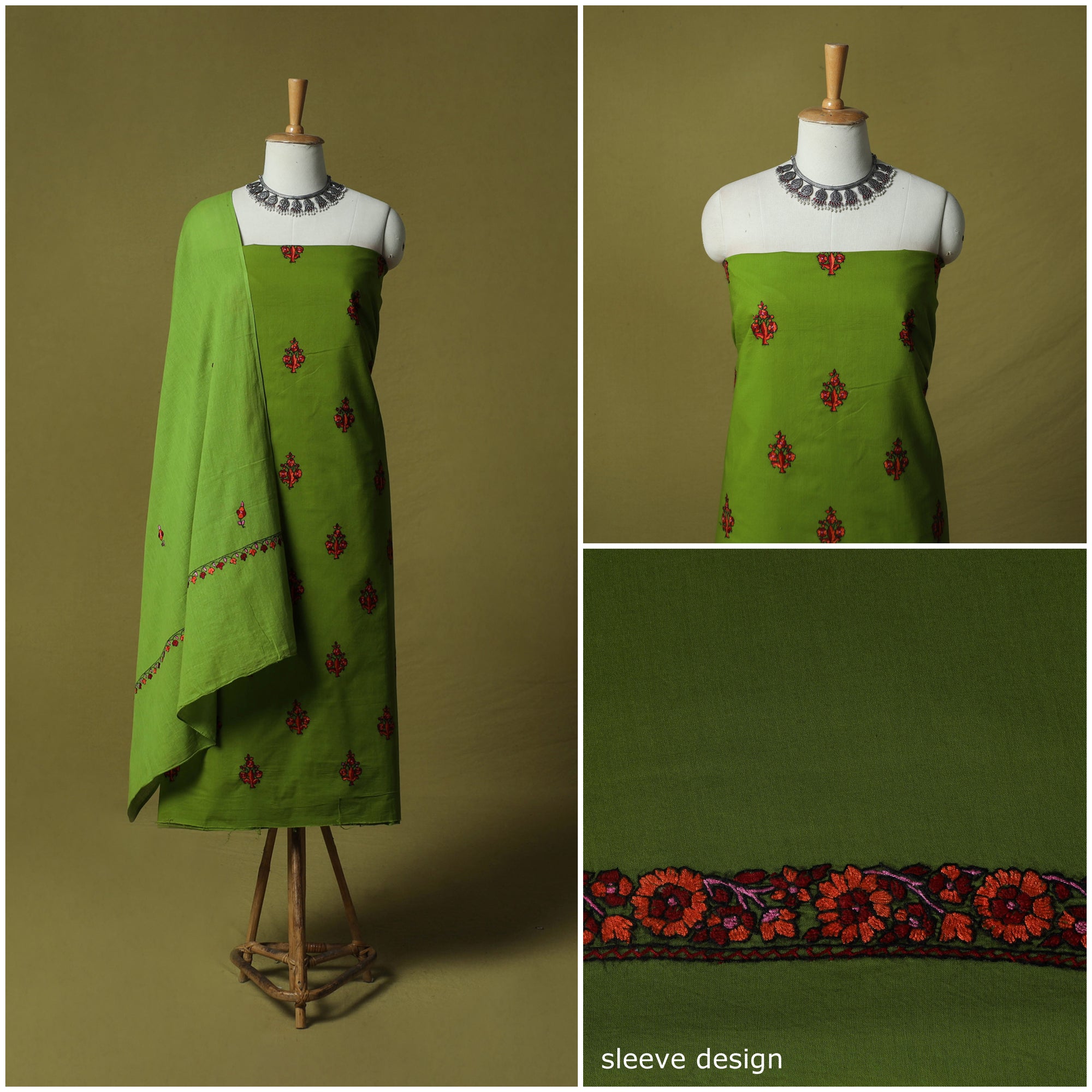 Green - Hand Embroidered Cotton Kashida 3pc Unstitched Dress Material Suit Set 47