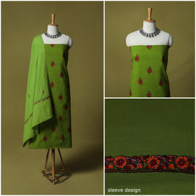 Green - Hand Embroidered Cotton Kashida 3pc Unstitched Dress Material Suit Set 47