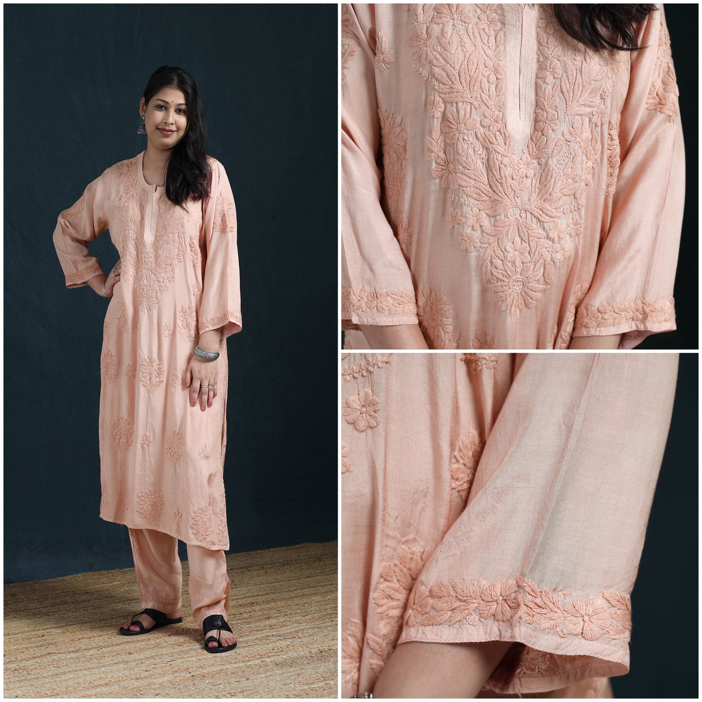 Peach - Hand Embroidered Muslin Chikankari Kurta with Pant Set for Women 23