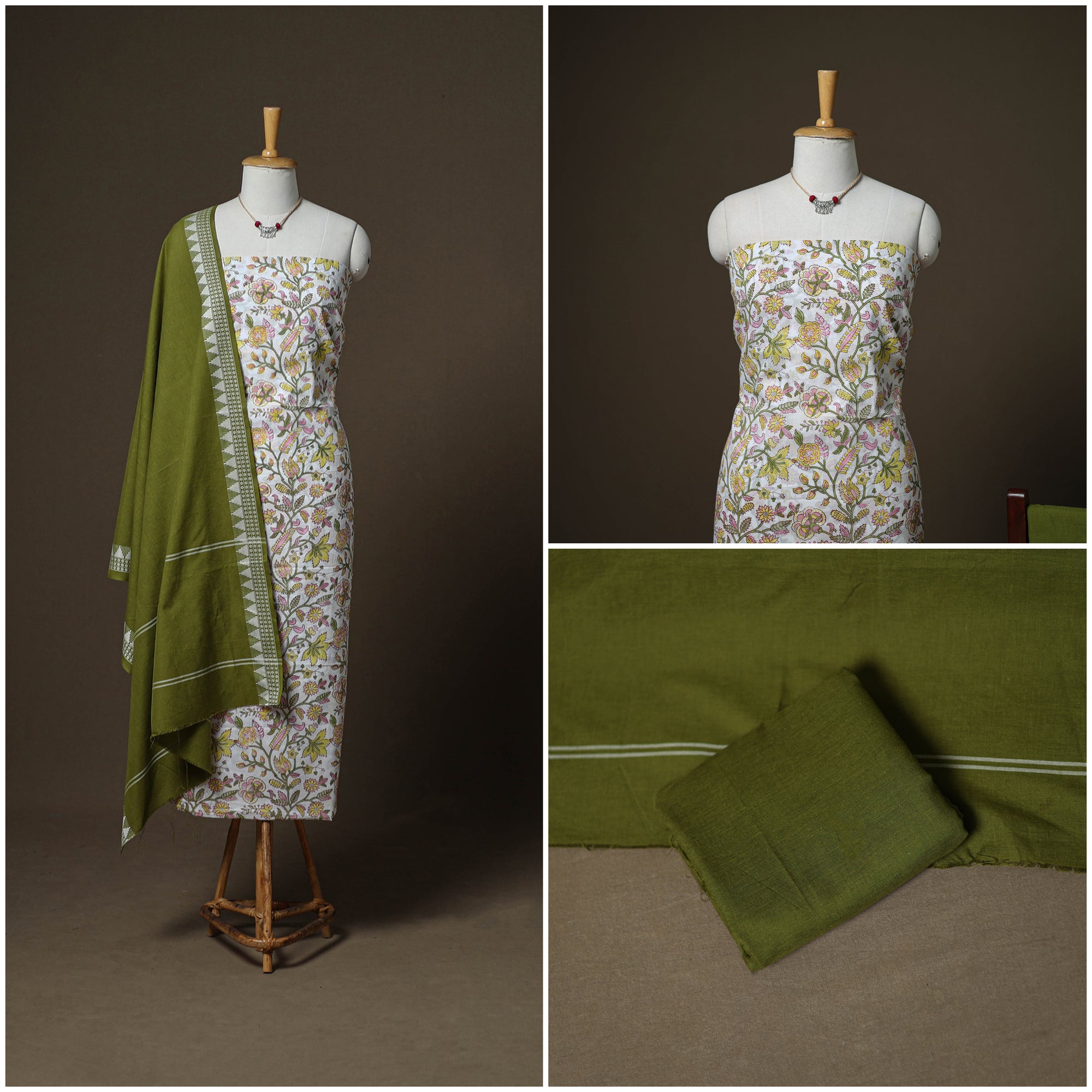 Sanganeri Block Print Cotton Unstitched Dress Material: Kurta, Bottom & Dupatta with Jewellery 10
