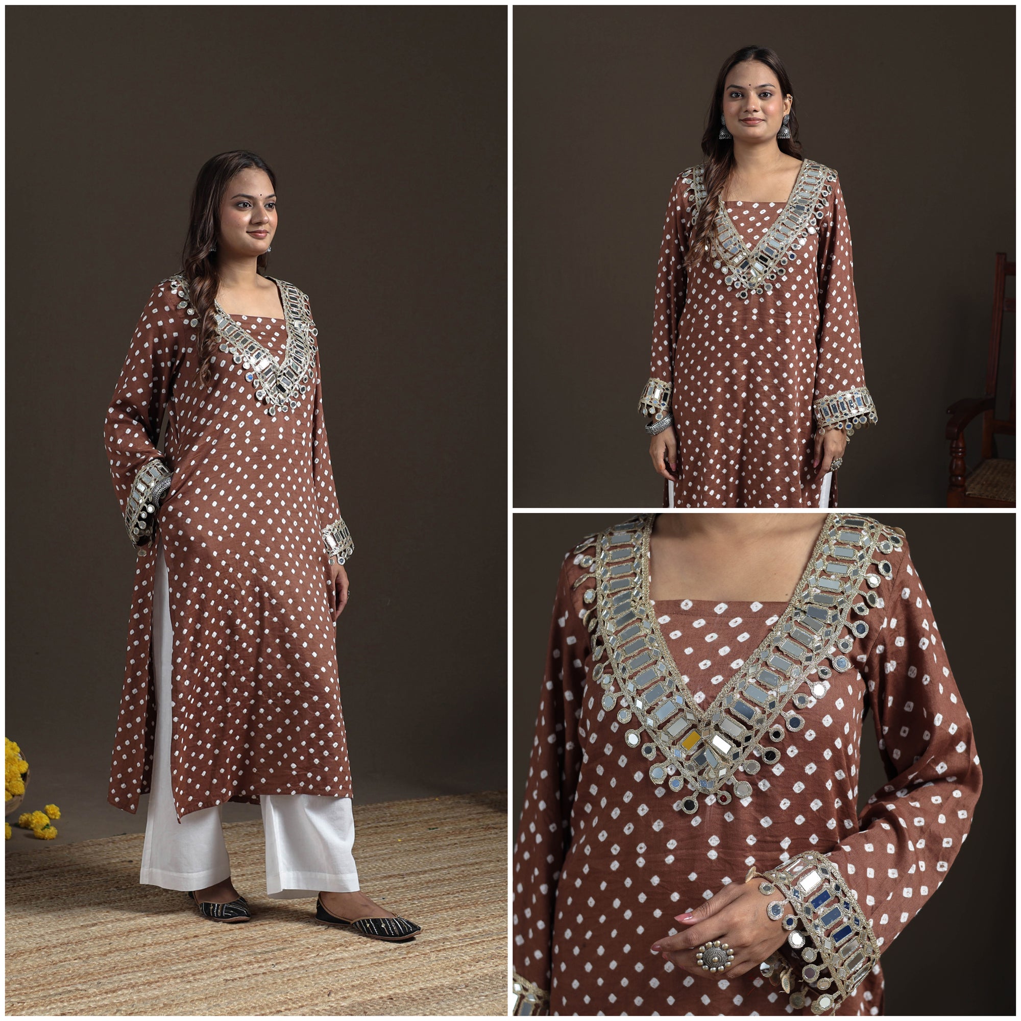 Gota Mirror Work Bandhani Tie-Dye Cotton Straight Long Kurta for Women 08