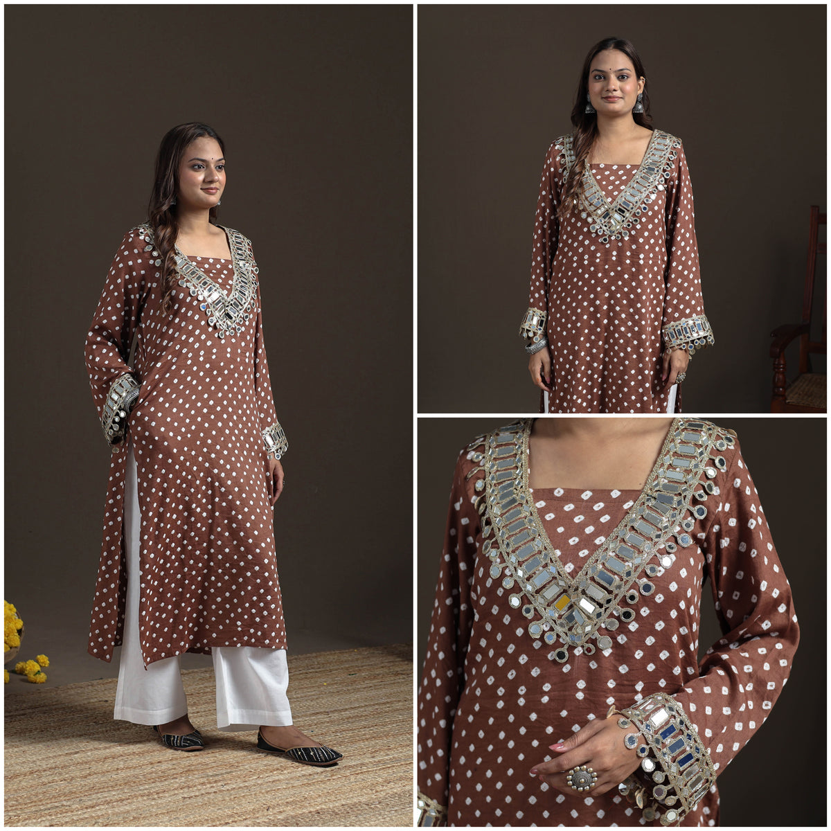 Gota Mirror Work Bandhani Tie-Dye Cotton Straight Long Kurta for Women 08