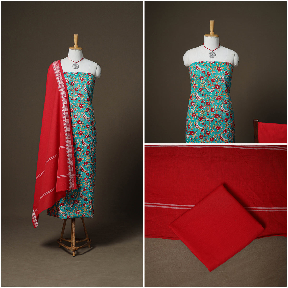 Sanganeri Block Print Cotton Unstitched Dress Material: Kurta, Bottom & Dupatta with Jewellery 24
