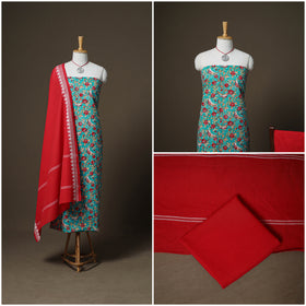 Sanganeri Block Print Cotton Unstitched Dress Material: Kurta, Bottom & Dupatta with Jewellery 24