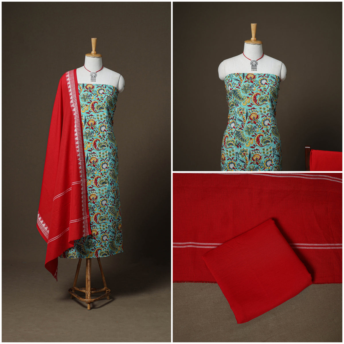 Sanganeri Block Print Cotton Unstitched Dress Material: Kurta, Bottom & Dupatta with Jewellery 26