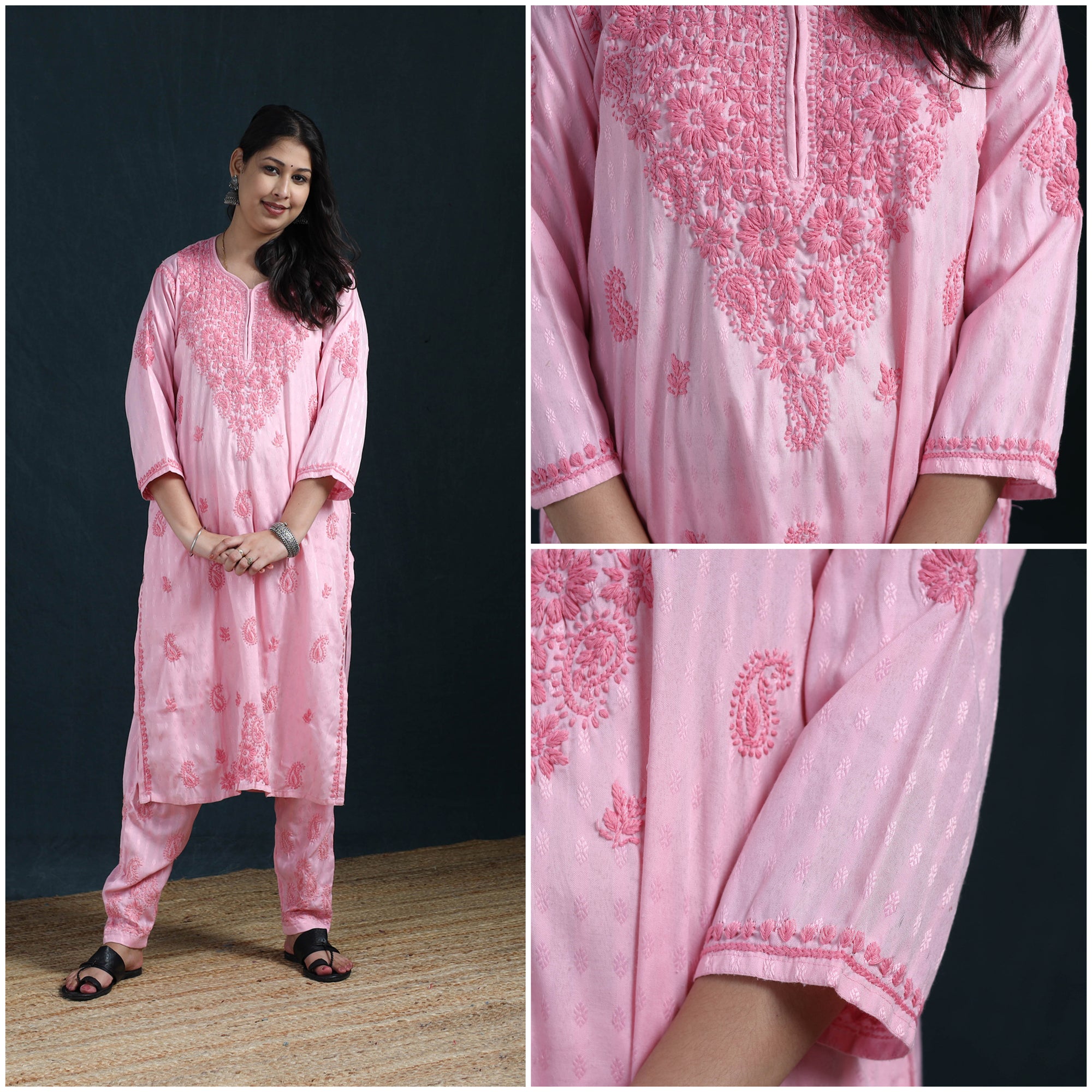 Pink - Hand Embroidered Rayon Cotton Chikankari Kurta with Pant Set for Women 18