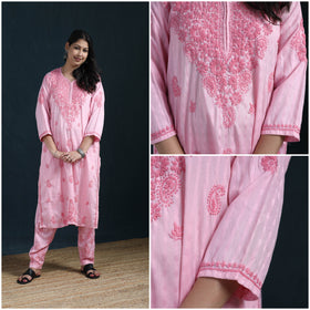Pink - Hand Embroidered Rayon Cotton Chikankari Kurta with Pant Set for Women 18