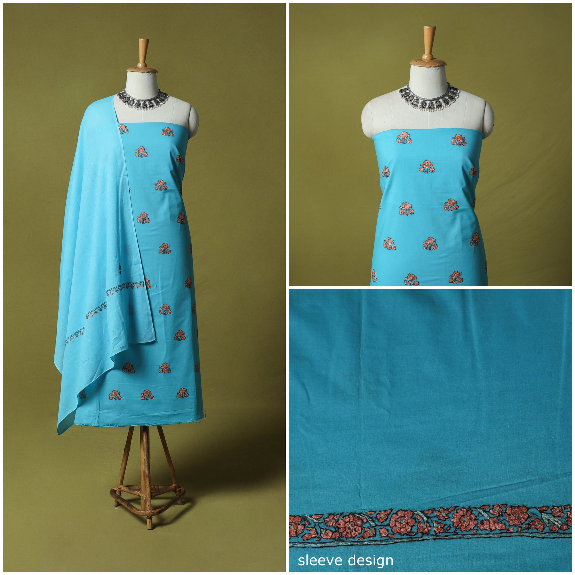Hand Embroidered Cotton Kashida 3pc Unstitched Dress Material Suit Set 59