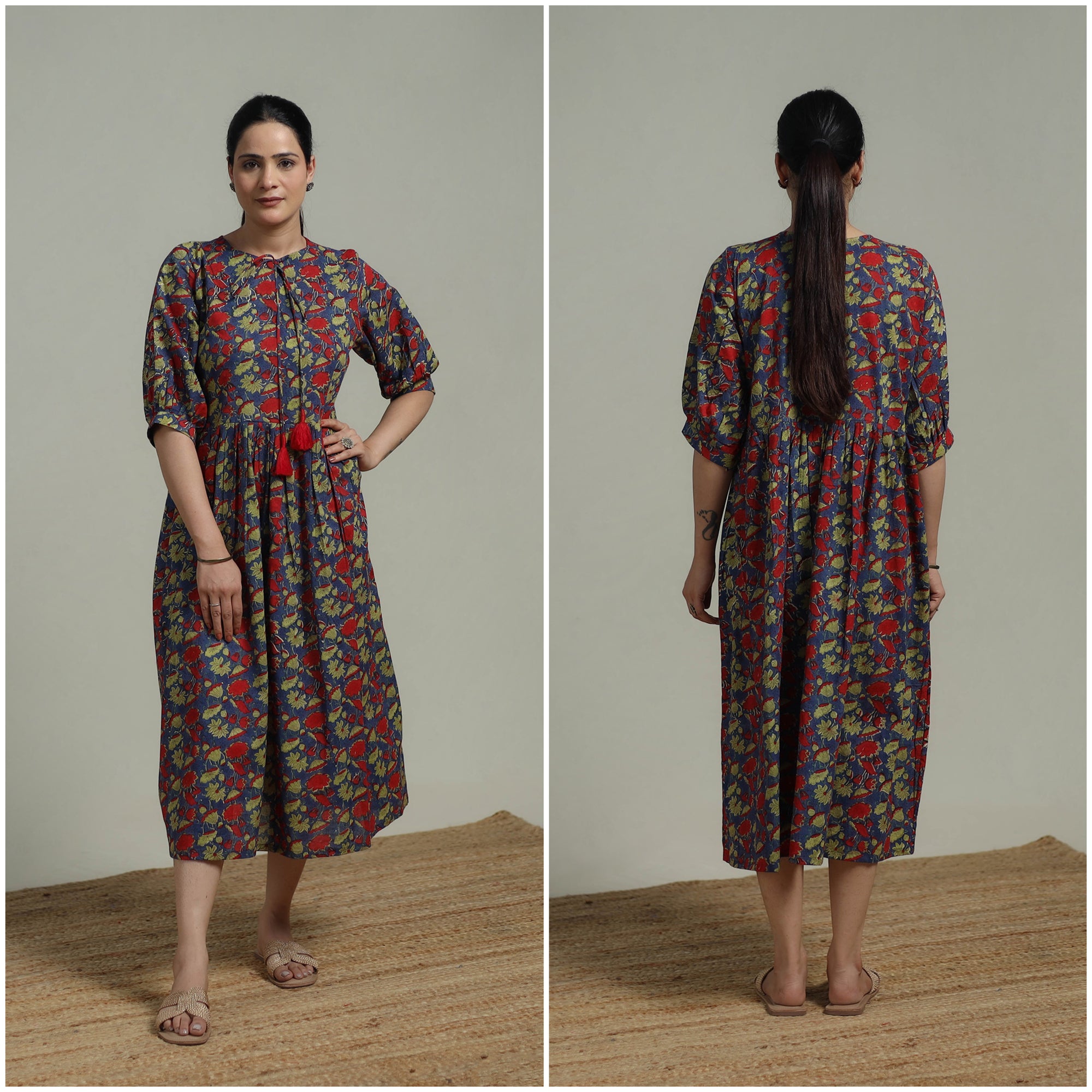 Multicolor - Sanganeri Hand Block Print Pure Cotton Flared Dress 03