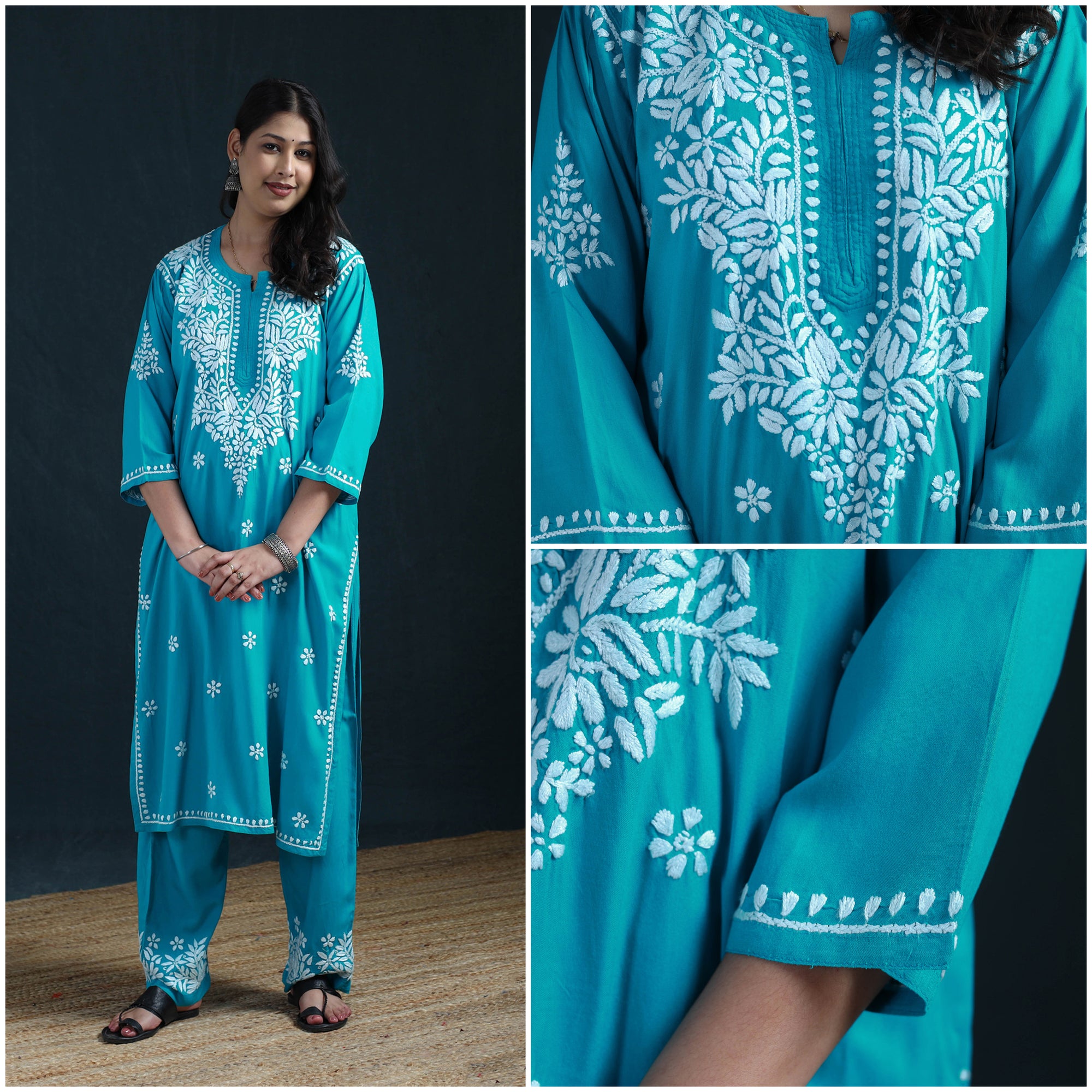 Blue - Hand Embroidered Rayon Chikankari Kurta with Pant Set for Women 08