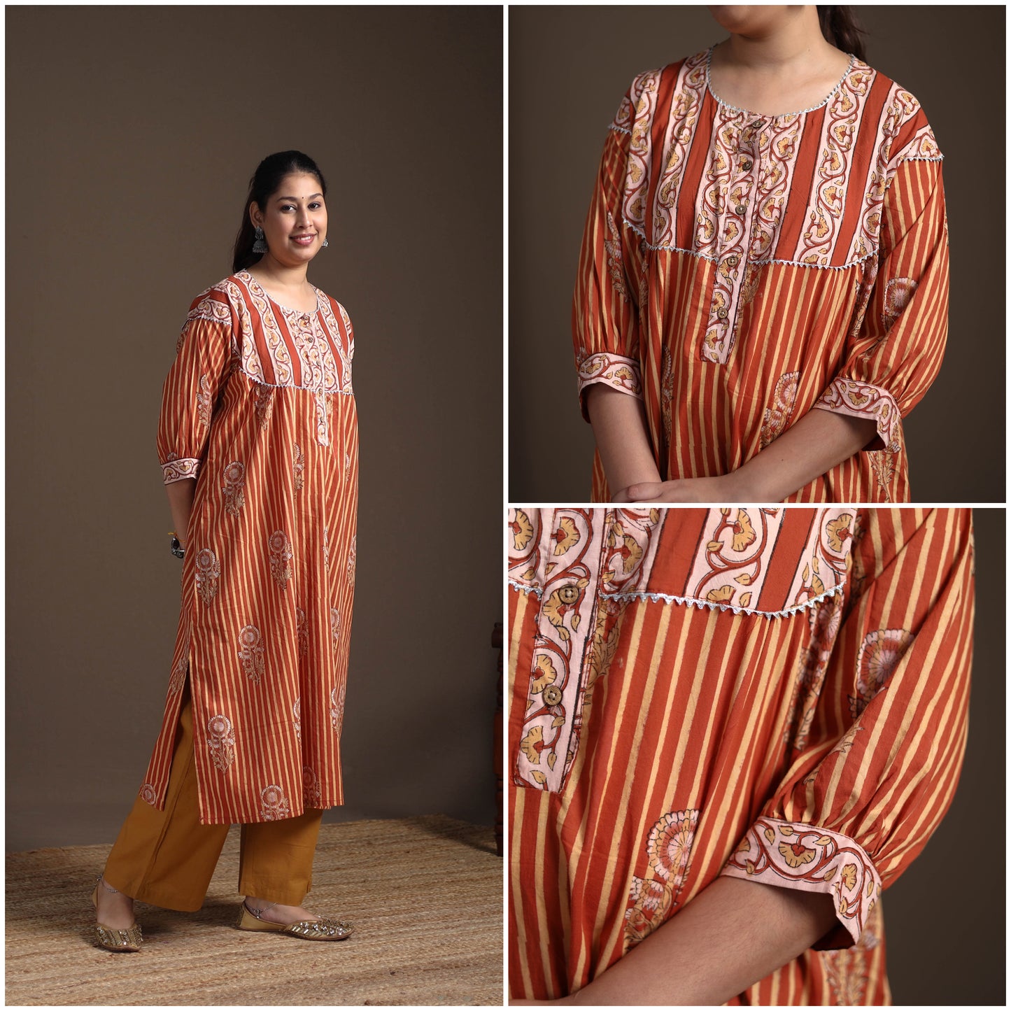 Gota Work Floral Sanganeri Block Print Cotton Straight Long Kurta for Women 02