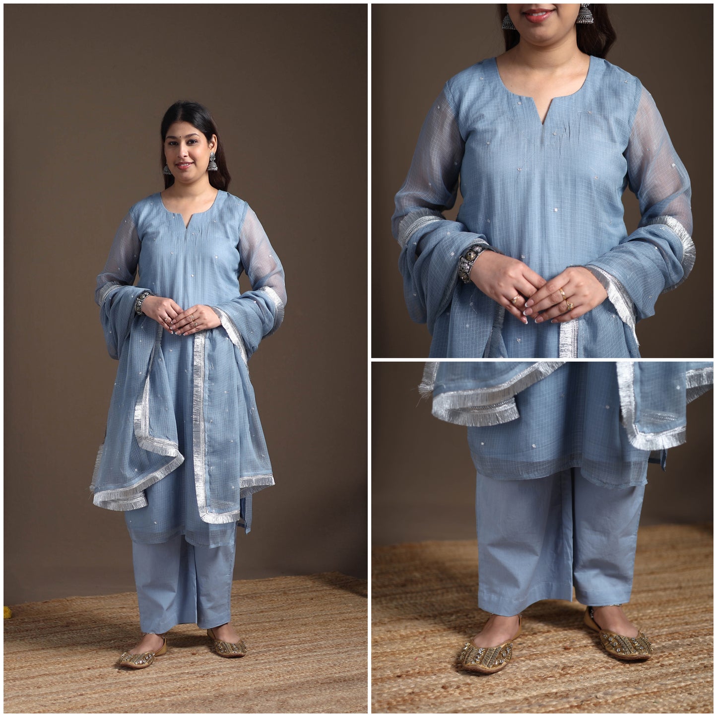 Sequin Work Plain Kota Doria Cotton Suit Set with Lace Work Dupatta for Women 17