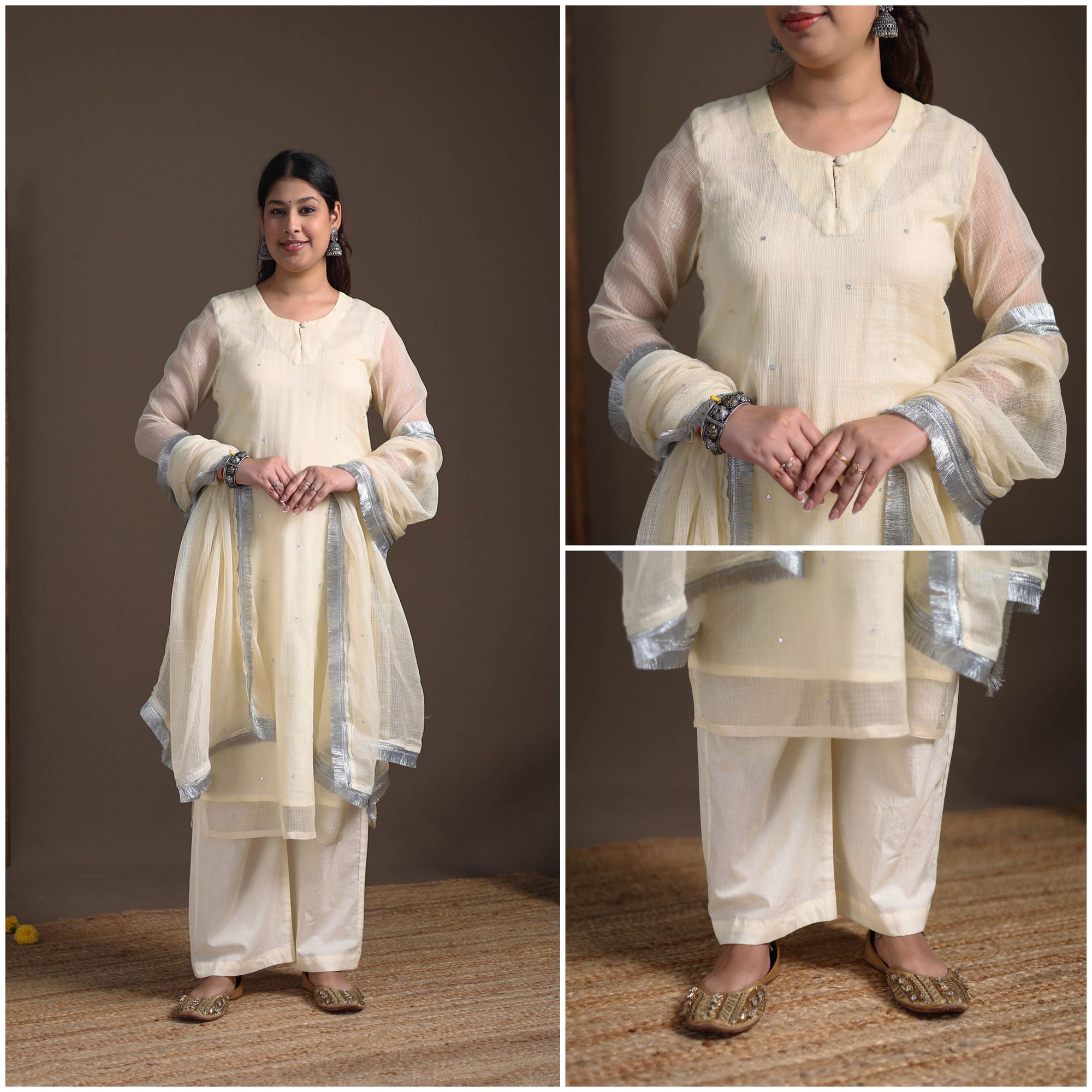 Sequin Work Plain Kota Doria Cotton Suit Set with Lace Work Dupatta for Women 18