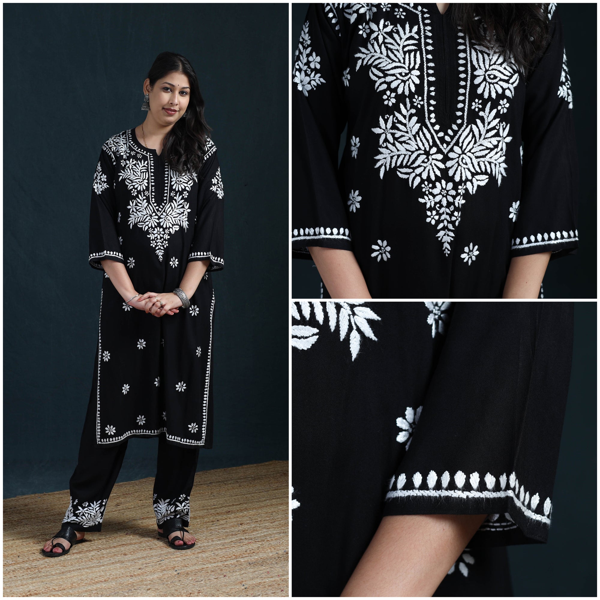Black - Hand Embroidered Rayon Chikankari Kurta with Pant Set for Women 06