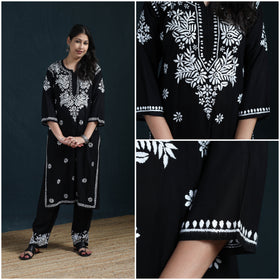 Black - Hand Embroidered Rayon Chikankari Kurta with Pant Set for Women 06