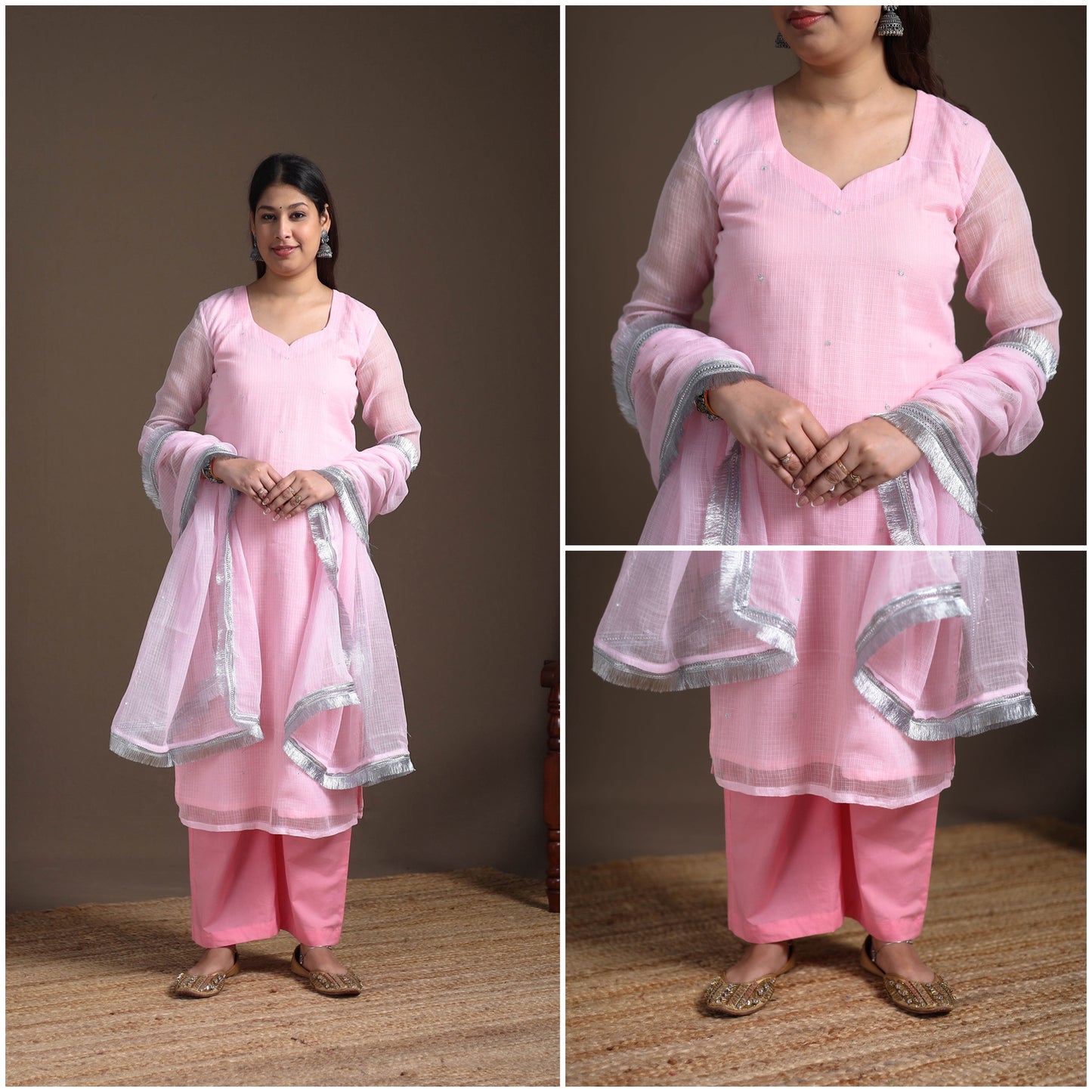 Sequin Work Plain Kota Doria Cotton Suit Set with Lace Work Dupatta for Women 10